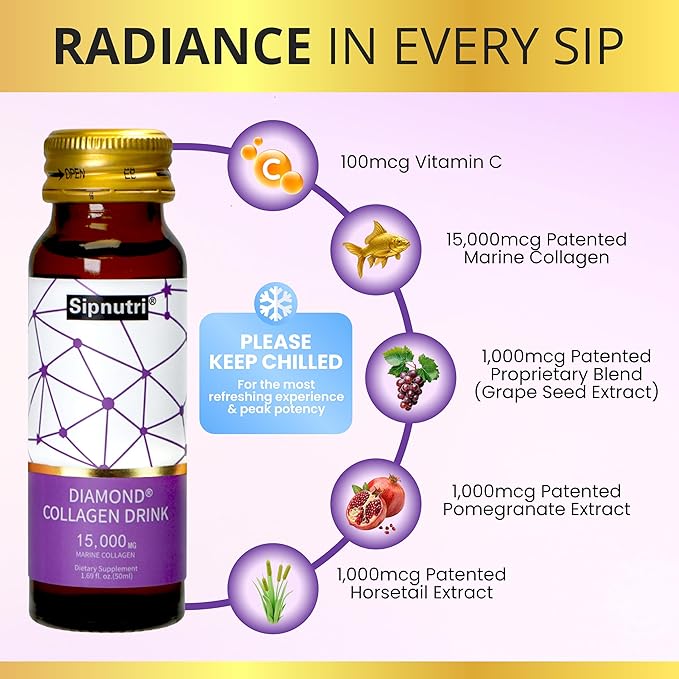 Diamond Collagen Drink -15,000mg Marine Collagen Peptides Liquid Shots for Women & Men, Hydrolyzed with Vitamin C & Pomegranate, Grape Flavor, Supports Skin, Hair & Nail Health-1.69 fl oz x30