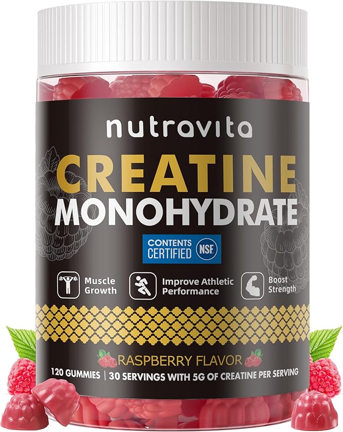 Nutravita Creatine Monohydrate Gummies for Men & Women-5g of Creatine Monohydrate per Serving - Sugar Free,Vegan, Raspberry Flavor, 120 Count