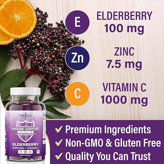 NEW AGE Immune System Support Gummies - Sambucus Black Elderberry Gummies with Vitamin C and Zinc (60 Count (Pack of 1))
