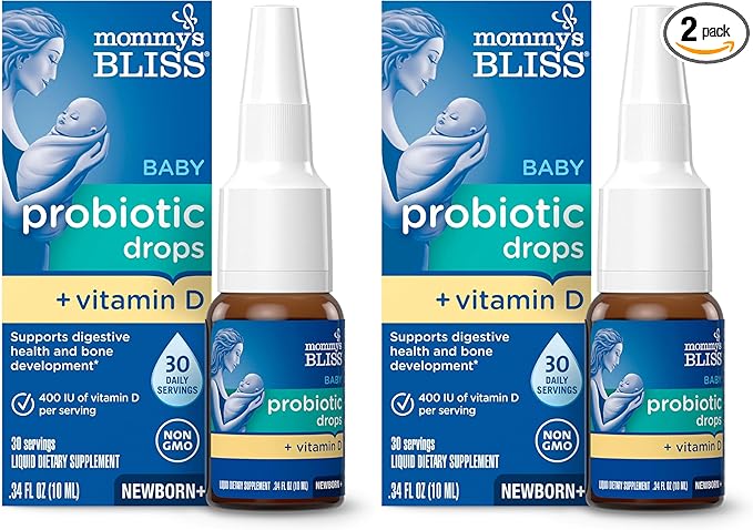 Mommy's Bliss Baby Probiotics + Vitamin D Drops,Supports Digestive Health & Immune Function*,400IU Vitamin D,Supports Bone Development*,Newborns+,Flavorless,0.34 Fl Oz (30 Servings),(Pack of 2)