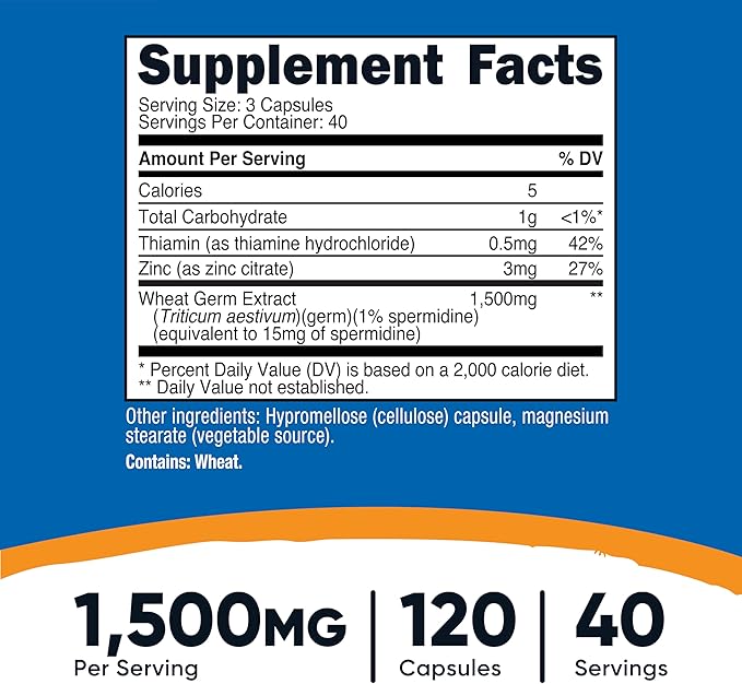 Nutricost Spermidine Wheat Germ Extract Supplement 120 Capsules for 40 Servings Per Bottle - Vegetarian, GMO Free