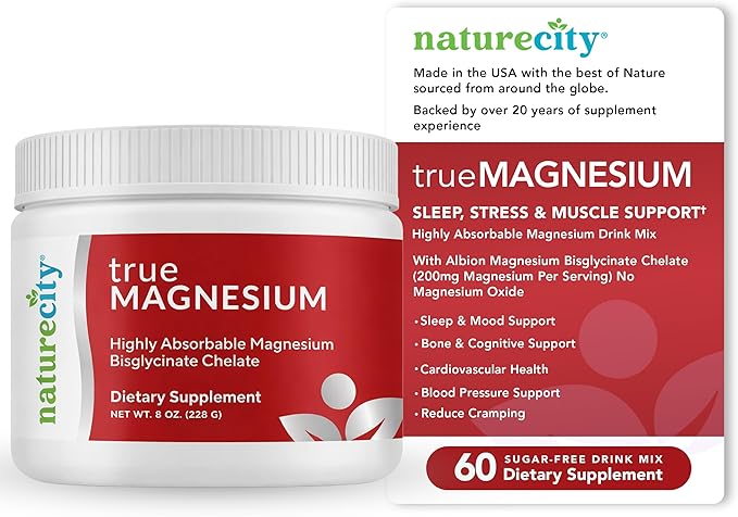 NatureCity TrueMagnesium Highly Absorbable Chelated Magnesium Bisglycinate Powder Drink Mix (60 Servings) - Magnesium Supplement for Sleep and to Support Bone Health & Muscles