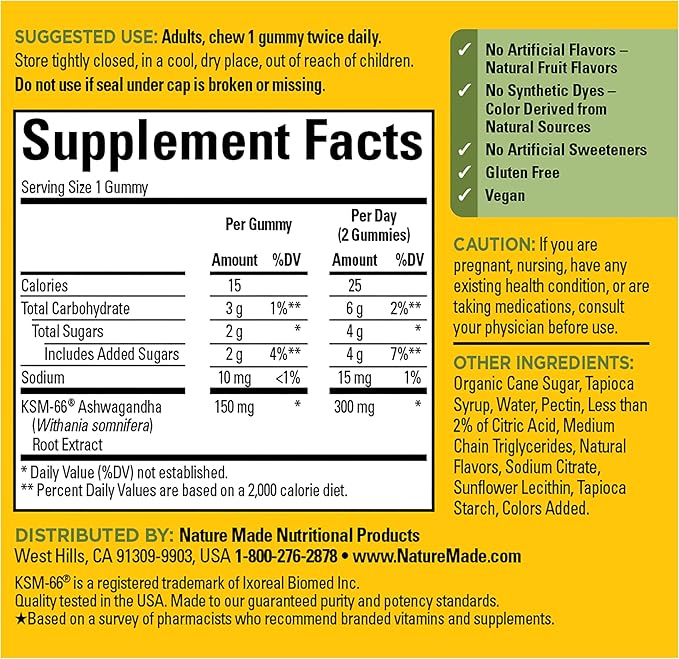 Nature Made Ashwagandha Gummies, Vegan, KSM 66 Ashwagandha Supplement for Stress Support, 60 Count, 30-Day Supply