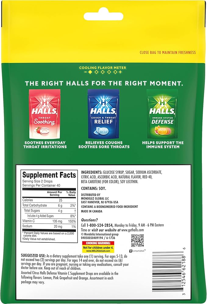 HALLS Defense Assorted Citrus Vitamin C Drops, Dietary Supplement Drops, Economy Pack, 12 Bags (960 Total Drops)