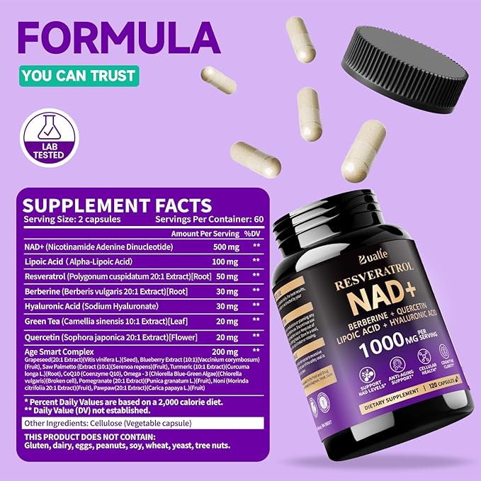 NAD Supplement, Liposomal NAD Resveratrol Supplement Contains Berberine, Alpha Lipoic Acid,Hyaluronic Acid & Quercetin - Support Anti-Aging, Longevity, Cellular Energy, NMN Alternative -120 Capsules