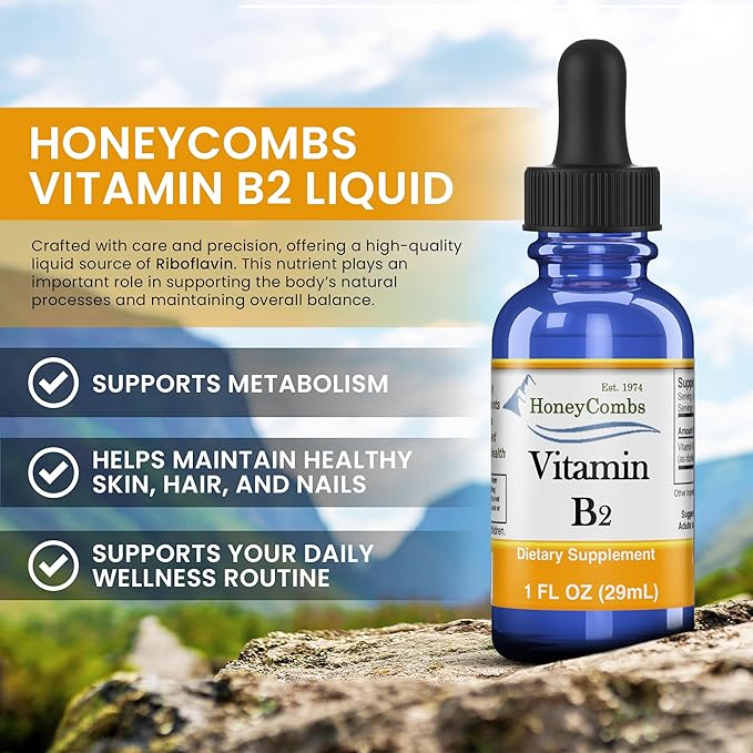 HoneyCombs Riboflavin Vitamin B2 Liquid Drops 750 Percent DV, b2 Made in USA Alcohol Free B2 Vitamins Supplement, Alternative to Capsules for Adult Daily Use (8 Fl oz)