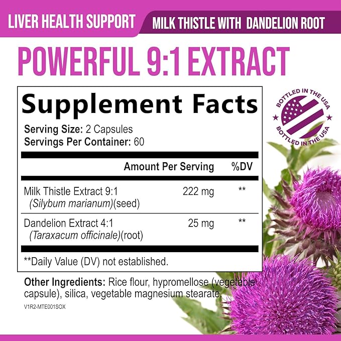Milk Thistle Supplement - Liver Health Support with Dandelion Root & Silymarin Marianum, Liver Cleanse Detox & Repair - Nature's Milk Thistle Extract - 120 Capsules