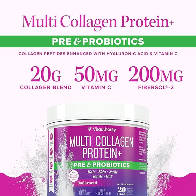 Multi Collagen Probiotics for Women Prebiotics Protein Powder | 20g Collagen Peptides Hyaluronic Acid Vitamin C & Fibersol Prebiotic Support Skin Elasticity Digestion Gut Health Unflavored 20 Servings