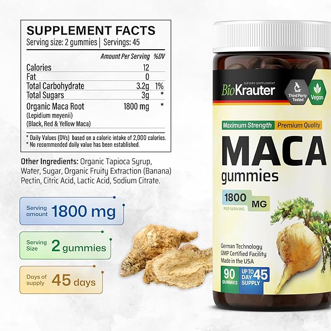 BIO KRAUTER Maca Root for Women and Men - Black, Red & Yellow Maca Supplement 1800 mg for Drive, Performance & Energy Support - 90 Gummies, 45-Day Supply, Non-GMO, Banana Flavor