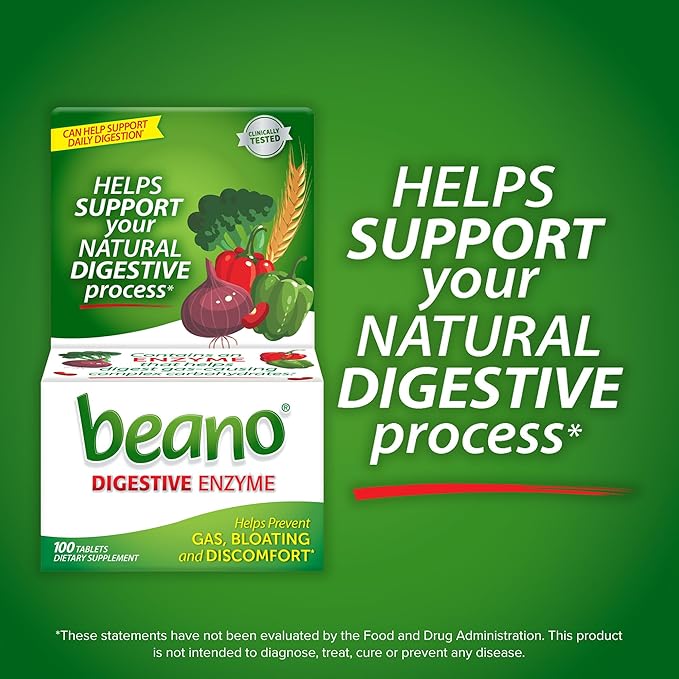 Beano Digestive Enzyme, Preventive Gas Relief for Adults, Helps Prevent Gas & Bloating, 100 Tablets