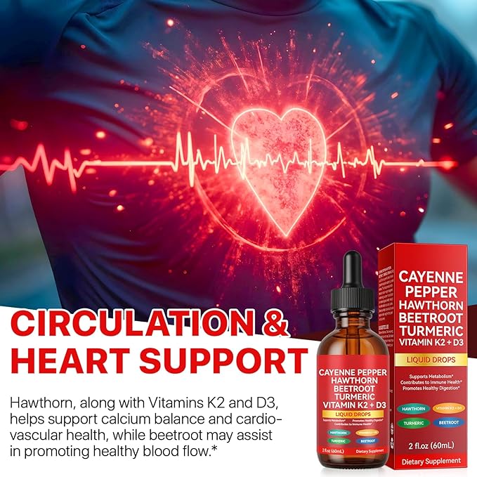 Cayenne Pepper Drops Supplement Liquid with Hawthorn Berry, Vitamin D3 K2 Beet Root Powder, Ceylon Cinnamon, Turmeric Curcumin, Organic Panax Ginseng, Berberine Extract Organic