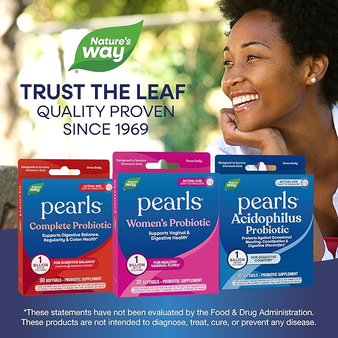 Nature's Way Women's Probiotic Pearls, Supports Vaginal and Digestive Health*, 1 Billion Live Cultures, Protects Against Occasional Bloating & Constipation*, Easy-to-Swallow Softgels, 30 Count