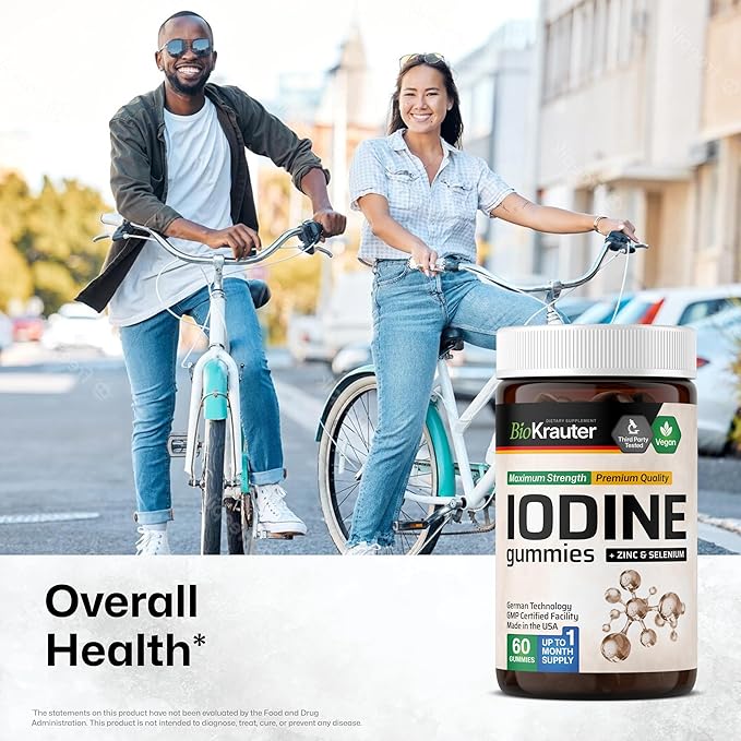 BIO KRAUTER® Iodine with Zinc and Selenium for Thyroid Support - Vegan Potassium Iodide for Antioxidant & Immune Support - Selenium Supplements for Women - 60 Gummies, Non-GMO, Apple Flavor