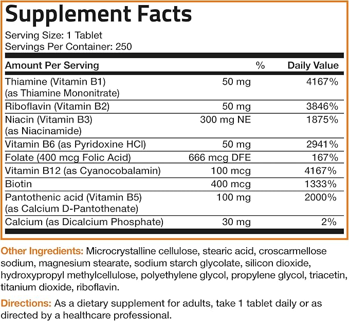 Bronson Vitamin B Complex (Vitamin B1, B2, B3, B6, B9 - Folic Acid, B12), 250 Tablets