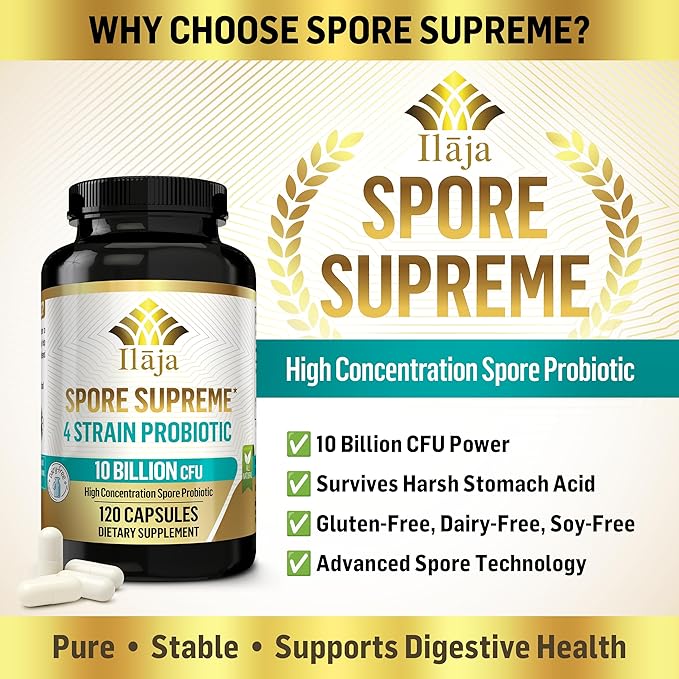 Spore Supreme Spore Based Probiotic 120 Capsule x 10 Billion / 4 Strain Formula - 4 Month Supply - No Refrigeration Needed, Acid Resistant Strains, Dairy Free