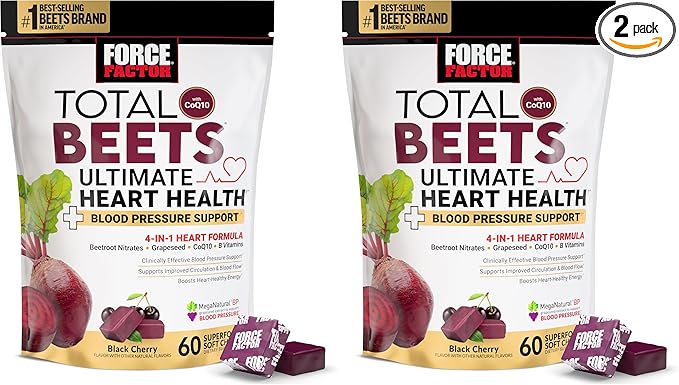 Force Factor Total Beets Ultimate Heart Health Chews for Blood Pressure Support,with Beetroot Powder,CoQ10,B Vitamins & Grapeseed Extract for Blood Flow & Energy,Black Cherry,60 Soft Chews,(Pack of 2)