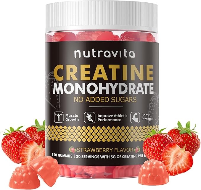 Nutravita NSF Certified Creatine Gummy - Creatine Monohydrate Gummies for Men & Women-5g of Creatine Monohydrate per Serving - Sugar Free,Vegan, Strawberry Flavor, 120 Count