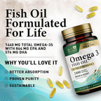 Omega 3 Fish Oil Supplements - 2400mg Fish Oil Per Serving - Triple Strength Omega-3 with EPA & DHA Fatty Acids - Natural Heart, Brain & Immune Support - Wild Caught, Bottled in USA - 120 Softgels