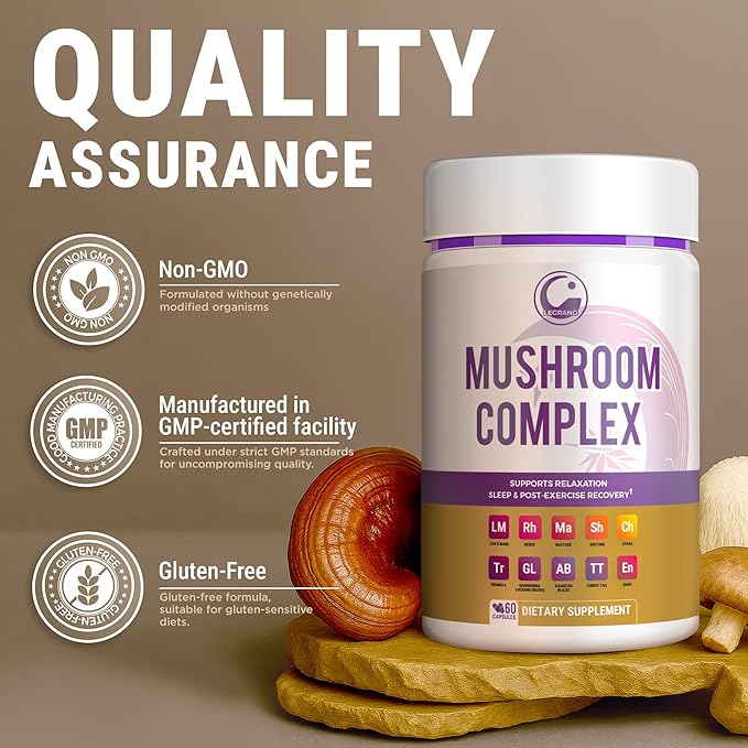 LEGRANO Premium Evening Mushroom Supplement Capsules with Lion’s Mane, Reishi Mushroom, Turkey Tail, Chaga, Ashwagandha, L-Theanine, Vitamins & Minerals – Adaptogenic Mushrooms for Relaxation & Sleep