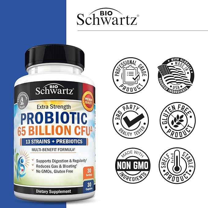 Probiotic 65 Billion - Probiotics with Prebiotic for Women & Men - Lactobacillus Acidophilus Digestive Health Capsules - Targeted Release Technology - Shelf Stable Supplement Non-GMO Dairy Free-30ct