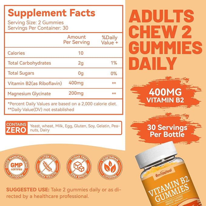 Vitamin B2 Gummies,Riboflavin 400mg Supplement with Magnesium for Adults,B2 Gummies for Migraine Relief* & Nervous System Support*,Vegan - 60 Counts