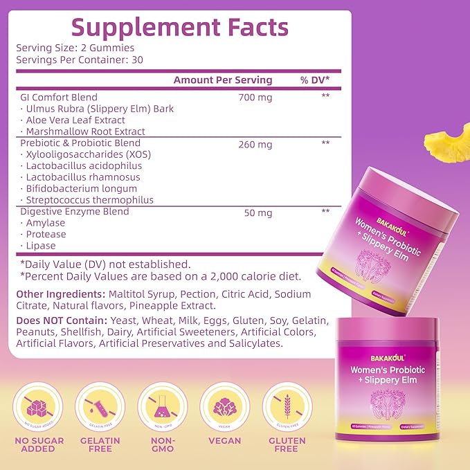 Feminine Probiotics Gummies for Women, Vaginal Probiotics with Slippery Elm,Prebiotics & Probiotics Supports pH Balance,Immune Health, Vegan, Non-GMO, Pineapple Flavor,60 Gummies 1 Pack