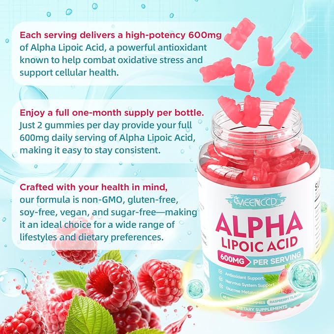 2 Pack Alpha Lipoic Acid Gummies 600mg - ALA Supplement for Antioxidant Support, Vegan, Sugar-Free, Raspberry Flavor, 120 Count