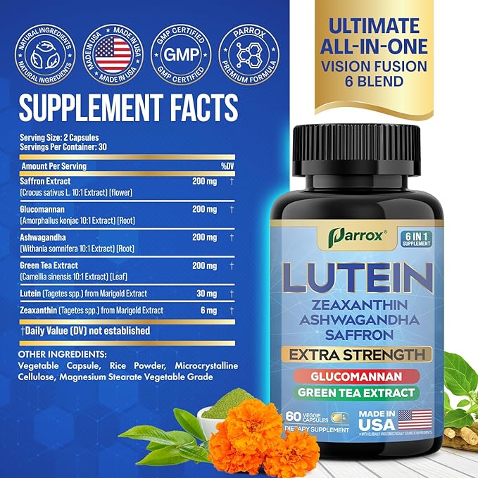 Lutein Supplement with Zeaxanthin, Ashwagandha, Saffron, Green Tea Extract, Glucomannan, Eye Vitamins for Adults, Vision Health Supplement, Plant-Based Formula for Daily Support (2 Pack)
