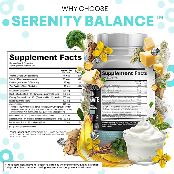 Clean Nutraceuticals DIM Evening Primrose Black Cohosh Calcium D-Glucarate Sulforaphane Flax Seed Extract - Hormonal Support Vitamins for Women with Dong Quai - 60 Caps