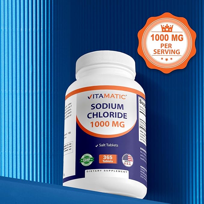 Vitamatic Sodium Chloride 1000mg – 365 Tablets -2 Bottles Electrolyte Replenisher & Hydration Support – Non-GMO, Gluten-Free