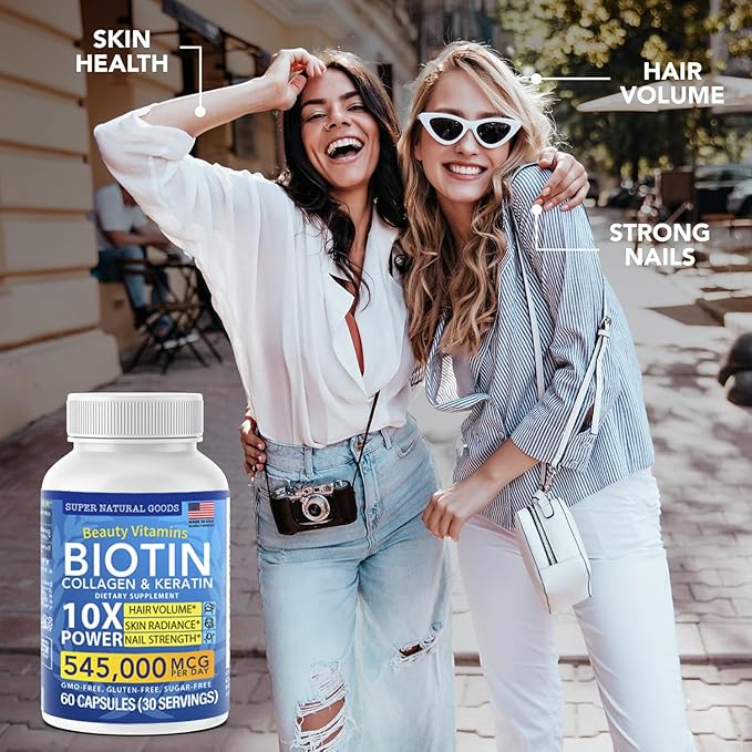 Biotin and Collagen Vitamins + Keratin with Folate - Hair Loss Treatments for Women & Men - Follicle, Skin and Nails Supplements for Hair Growth & Postpartum Support - GMO Free & Gluten Free (60 Caps)