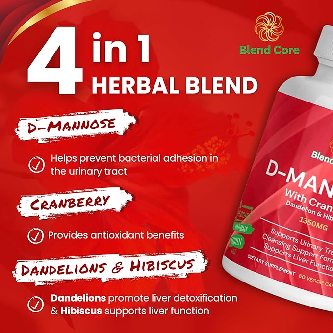 D-Mannose with Cranberry, Dandelion & Hibiscus – 1350mg – Urinary Tract & Liver Support – 60 Veggie Capsules