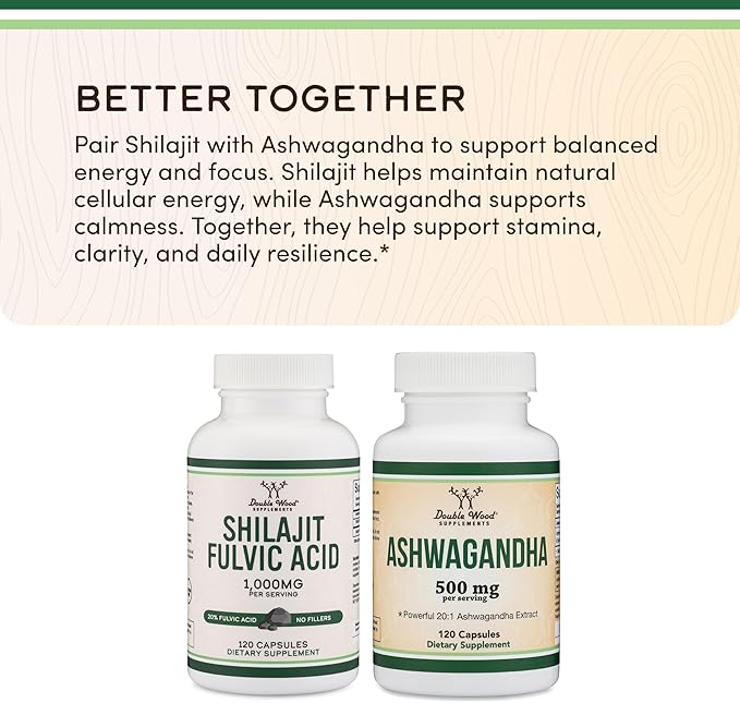 Shilajit Pure Himalayan Capsules (20% Fulvic Acid Supplement) 1,000mg of Authentic Shilajit Extract per Serving, 120 Count (High in Trace Minerals, No Fillers) by Double Wood