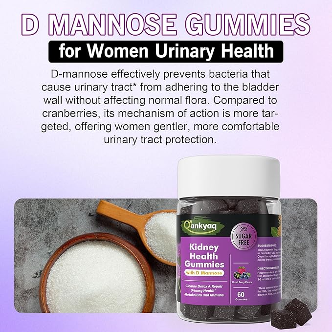 D mannose Gummies for Women, Kidney Cleanse Detox & Repair Gummies – Urinary Health & Kidney Stone* Support, Chewable D-mannose with Astragalus, Dandelion, Milk Thistle – Vegan, Sugar-Free, 60 cts