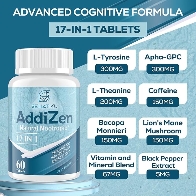 17-in-1 Brain Supplement for Memory and Focus | Natural Nootropics Brain Supplement for Brain Cognition, Energy | High Absorption | L-Theanine, Phytonutrient Blend and Vitamins B6, B12 | 60 Tablets