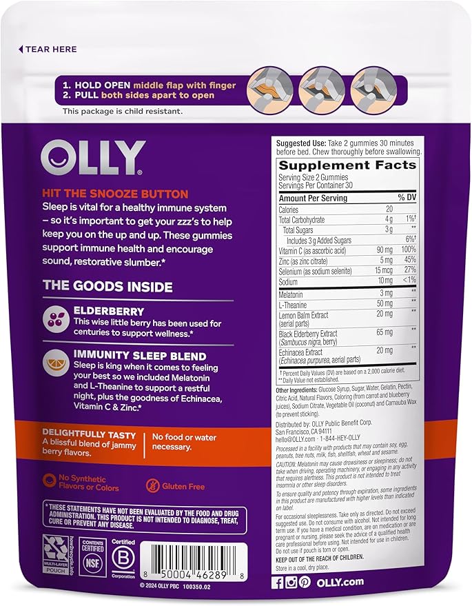 OLLY Immunity Sleep Gummy, Immune and Sleep Support, 3mg Melatonin, Echinacea, Zinc, Vitamin C, Chewable Supplement, Berry - 60 Count
