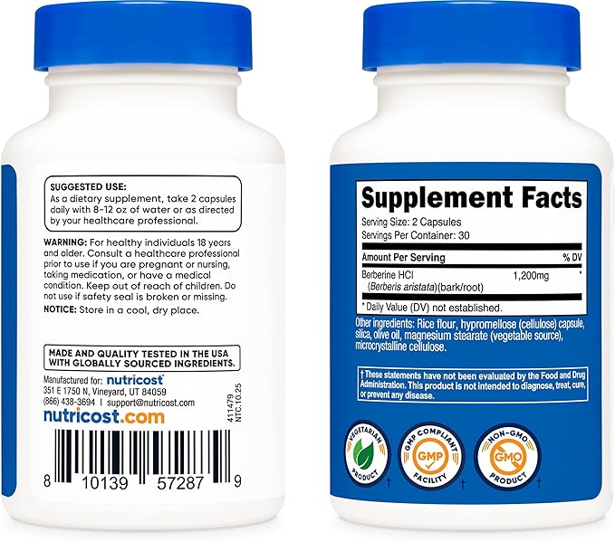 Nutricost Berberine HCl 1200mg , 60 Vegetarian Capsules - Gluten Free & Non-GMO