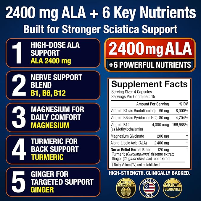 Sciatica Relief Supplement with 2400 mg Alpha Lipoic Acid – Maximum Strength Sciatic Nerve Support for Lower Back & Legs – 2400mg ALA, Vitamins, Magnesium, Turmeric & Ginger – 60 Capsules