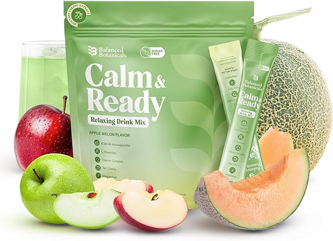 Calm and Ready Powder Drink Mix, with Magnesium Glycinate, Ashwagandha KSM 66, L Theanine, and Tart Cherry, Relaxation Support Supplement, Apple Melon, 20 Travel Packets