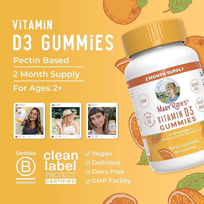 MARYRUTH'S Vitamin D3 Gummies | 2 Month Supply | Adults & Kids Vitamin D Gummy | Immune Support Supplement | VIT D3 1000IU for Bone Health&Muscle Function | Vegan | Non-GMO | Gluten Free | 60