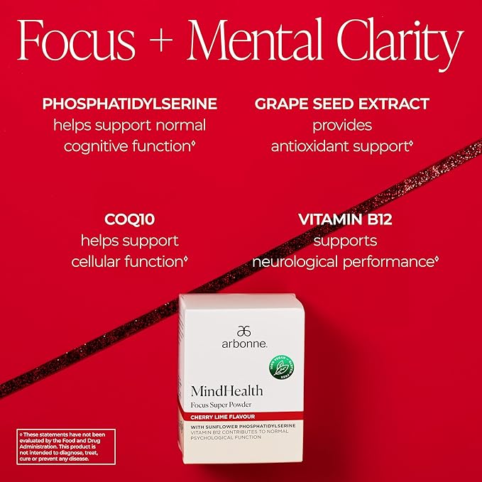 Arbonne MindHealth Focus Super Powder Cherry Lime Flavor – Vegan Cognitive Support Supplement with Phosphatidylserine, Vitamin B12, & Antioxidants for Memory & Focus, 30 Stick Packs