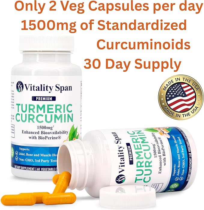 Turmeric Curcumin Supplement 1500mg – 95% Curcuminoids with 10mg BioPerine® Black Pepper – High Absorption Antioxidant Support – Made in USA – 60 Veg Capsules