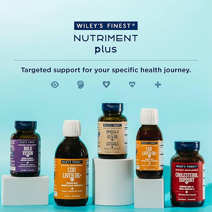 Wiley's Finest Wild Alaskan Fish Oil Vitamin K2 & D3 Softgels - 500mg of EPA and DHA Omega-3s for Bone and Heart Health Support - 120 Softgels (120 Servings)