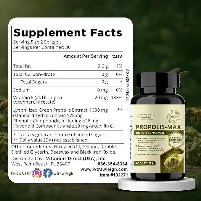 Rawleigh Propolis Max: 60 Vegetarian Softgels - Brazilian Green Propolis with Phenolic, Flavonoid & Artepillin C Compounds & Vitamin E - Supports Immunity, Wellness