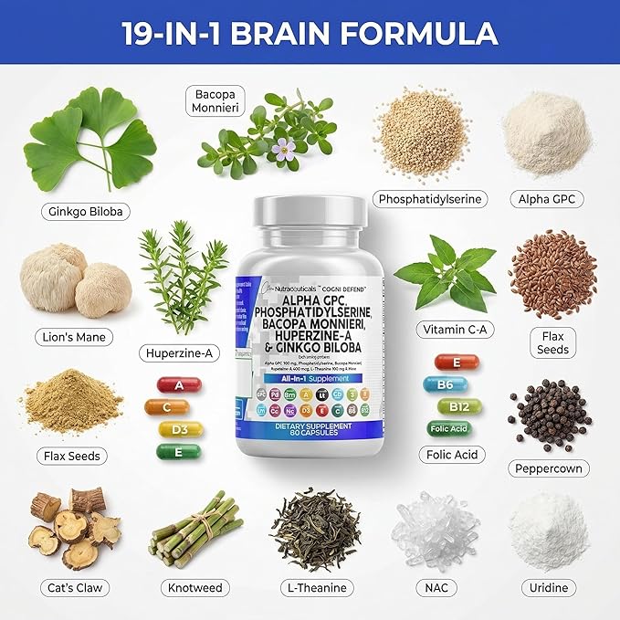 Brain Supplement Alpha GPC 300mg Phosphatidylserine Bacopa Monnieri Ginkgo Biloba Lions Mane Huperzine A L-Theanine NAC Nootropic Memory Focus Cognitive Support Vitamins B C D E 60 Capsules USA