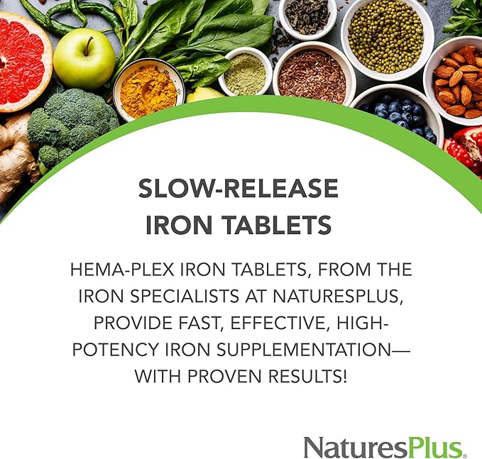NaturesPlus Hema-Plex Iron - 30 Slow-Release Tablets - 85 mg Chelated Iron - Total Blood Health - with Vitamin C & Bioflavonoids - Non GMO, Vegetarian & Gluten Free - 30 Servings