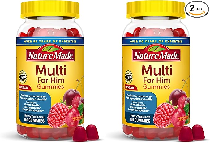 Nature Made Multi for Him, Mens Multivitamins Gummies, Energy Metabolism Support, Multivitamin for Men, 150 Gummy Vitamins and Minerals, 75 Day Supply, (Pack of 2)