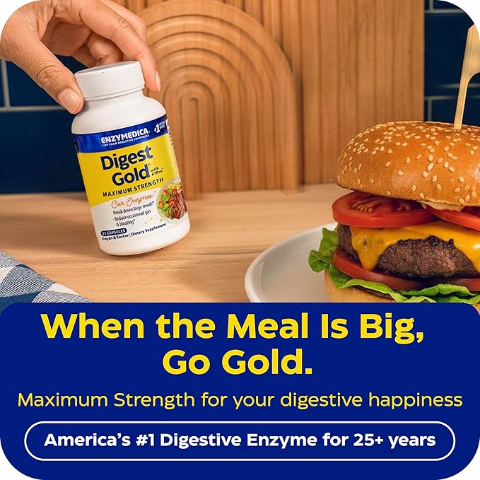 Enzymedica Digest Gold + ATPro, Maximum Strength Enzyme Formula, Fast-Acting, Helps Digest Large Meals, Prevents Bloating and Gas, 180 Capsules