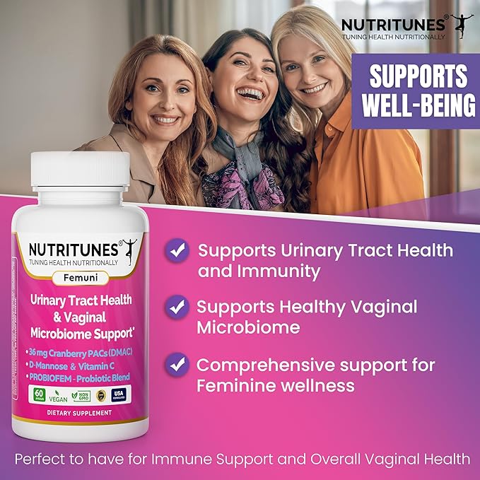 Femuni UTH Urinary Tract Health Supplement for Women – 36mg Cranberry PACs, D-Mannose, Probiotics & Vitamin C – Supports Urinary & Vaginal Health, pH Balance & Immune Support – 60 Capsules
