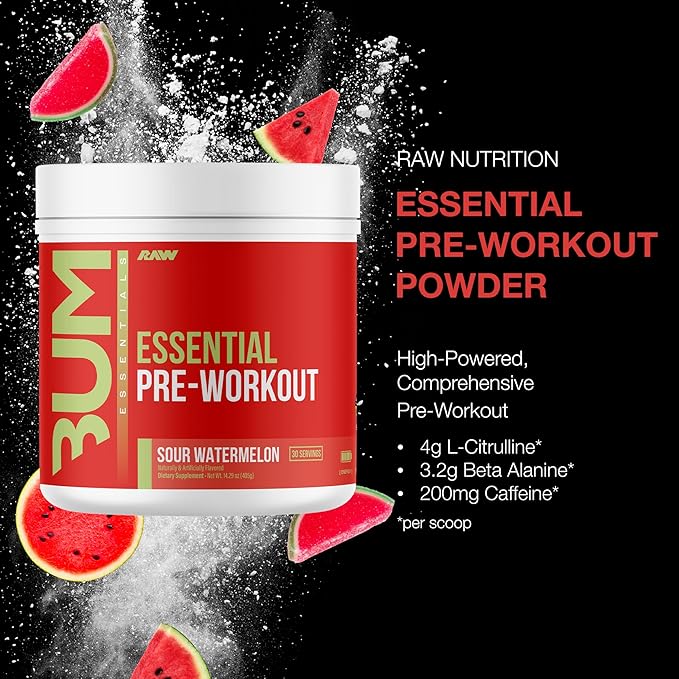 RAW Essential Pre-Workout Powder (Sour Watermelon) - Chris Bumstead Sports Nutrition Supplement for Men & Women - Preworkout Energy Powder with Caffeine, L-Citrulline & Beta Alanine Blend - 2-Pack